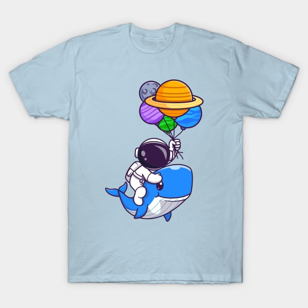 Cute Astronaut Riding Cute Whale And Holding Balloon Cartoon T-Shirt by Catalyst Labs